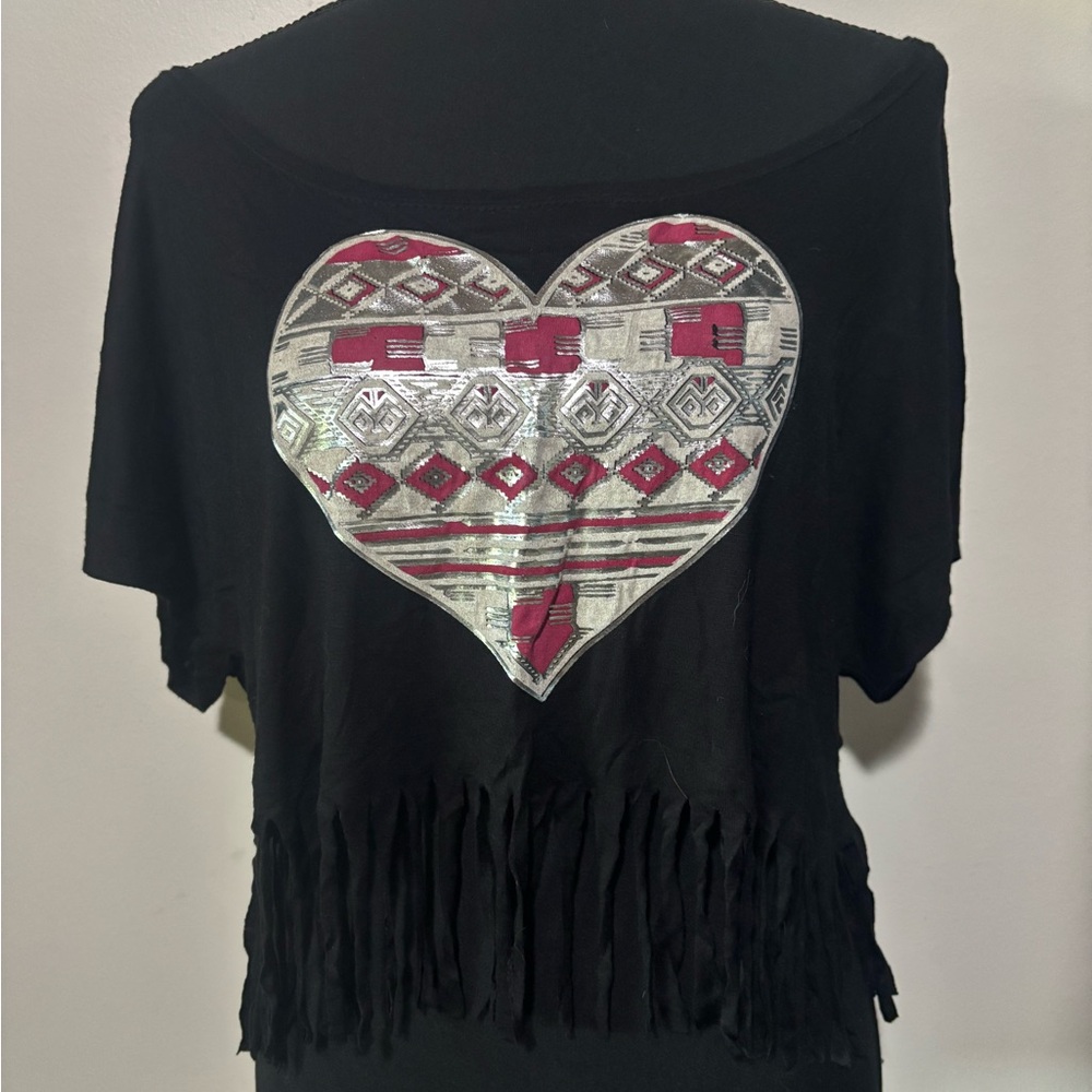 Chic Black Flowy Crop Top with Heart Design and Fringe